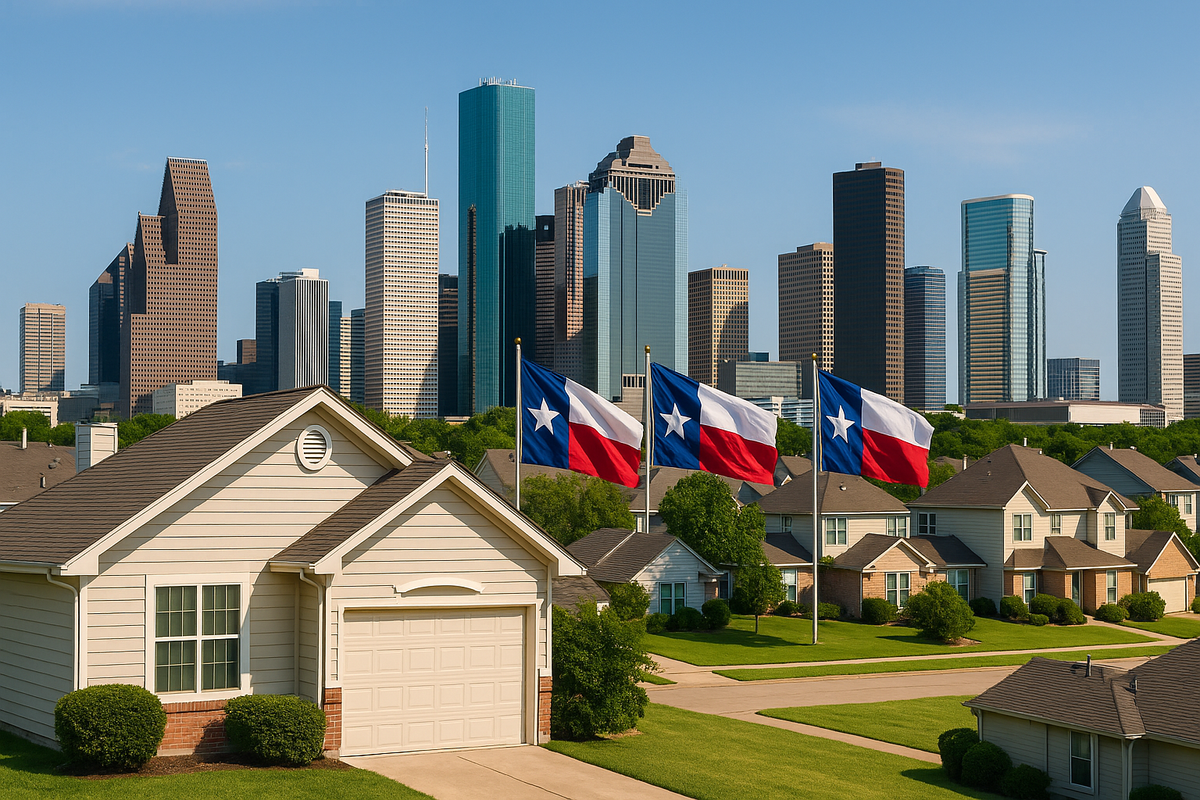 A suburban Texas neighborhood with homes in the foreground and a city skyline in the background.