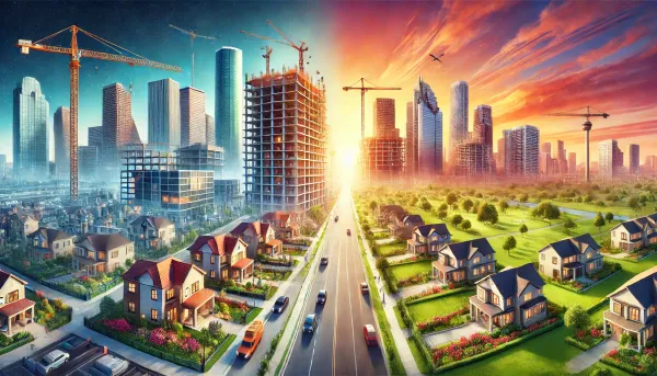 Texas real estate market trends 2024: urban high-rise development and suburban housing growth at sunset.