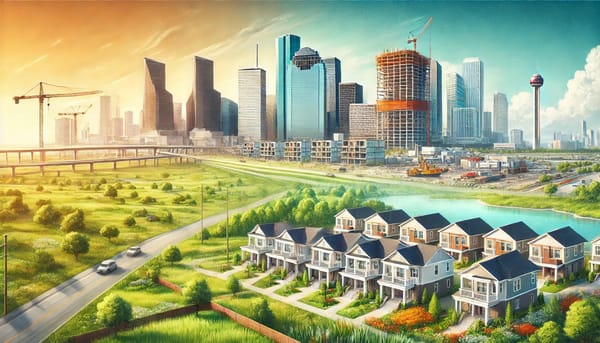 Texas real estate market banner showing housing developments, construction, and urban growth trends for 2025.