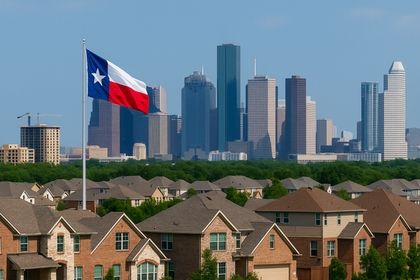 Panoramic view of Texas real estate with suburban homes and a city skyline under a clear sky.