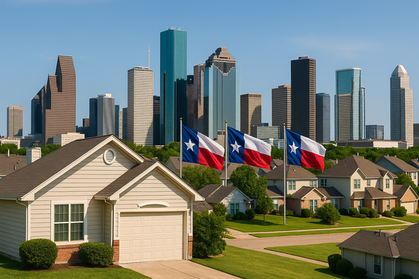 A suburban Texas neighborhood with homes in the foreground and a city skyline in the background.